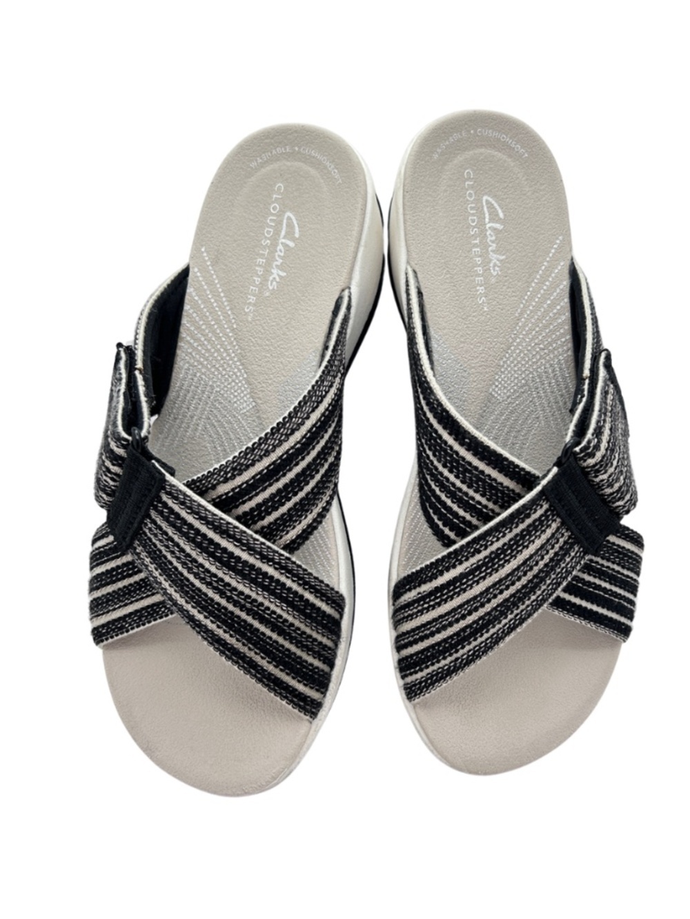 Clarks Cloudsteppers Black and White Crisscross Slide Sandals - Picture 3 of 4